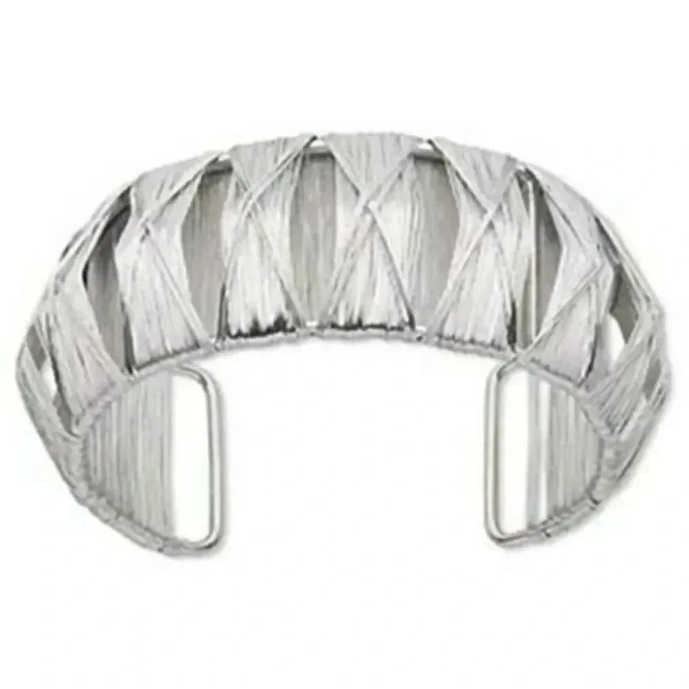 Metallic Silver Wire Wrapped Adjustable 30mm Wide Metal Cuff Bracelet